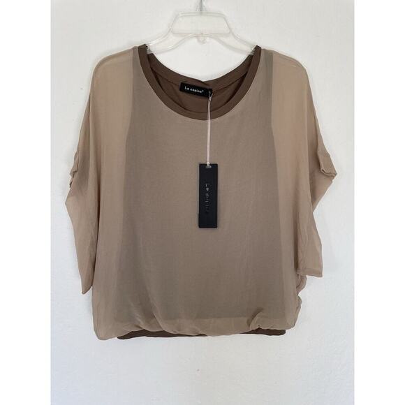 Le Copine Sheer Top Blouse Dolman Sleeve 100% Silk Light Flowy Mocha Brown Small - Picture 1 of 10